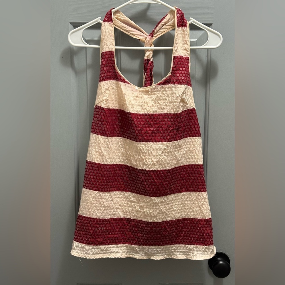 Judith March Red & Ivory Sequin Striped Upcycled Racerback Tank Top Tee Sz Large
